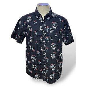 Cornerstore Bodega Young Men’s Short Sleeve Button Up Black Skulls Roses Sz XL